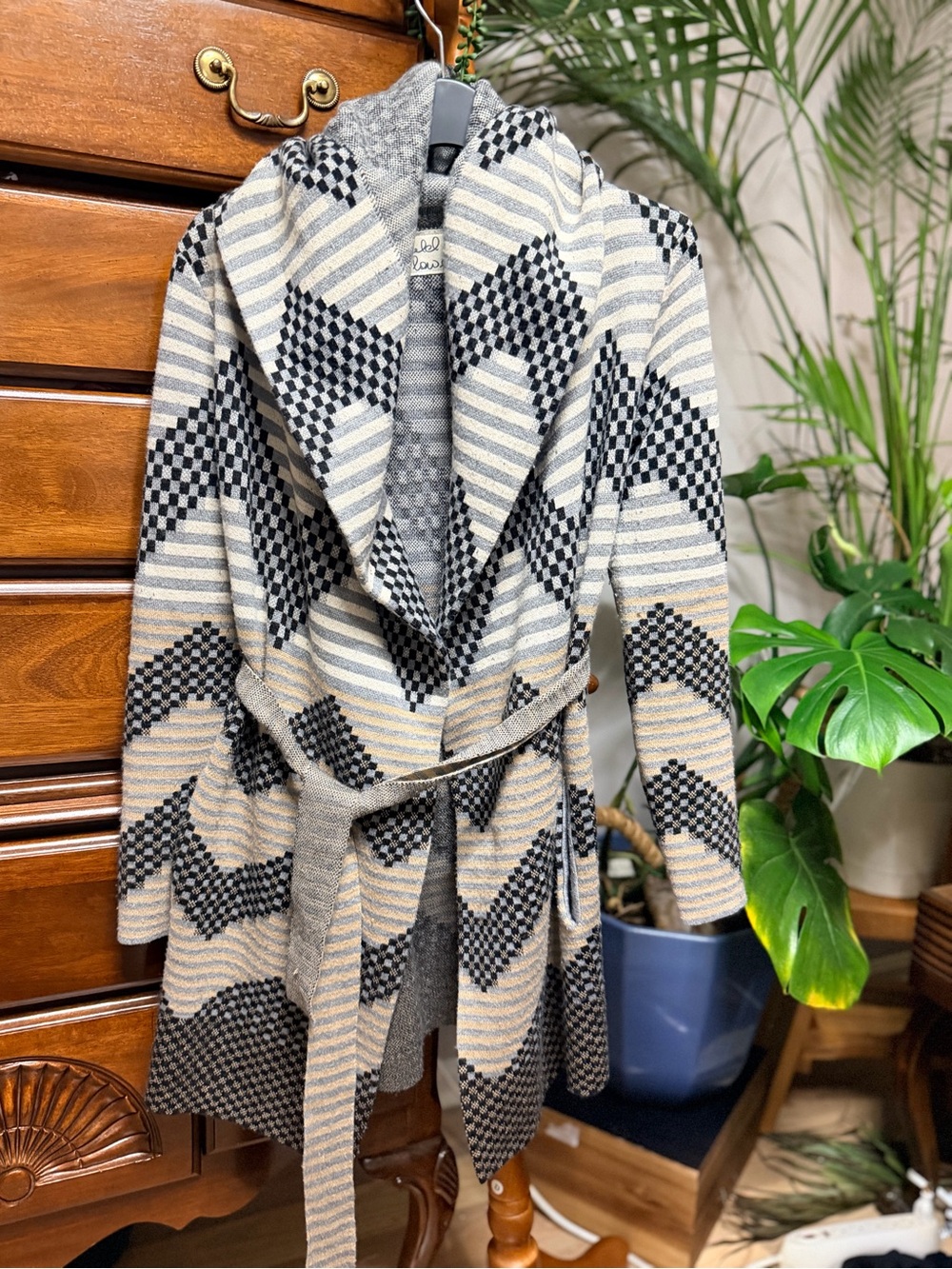 Anthropologie Field Flower Striped Geo Knit Open Front Belted Cardigan Coat XS